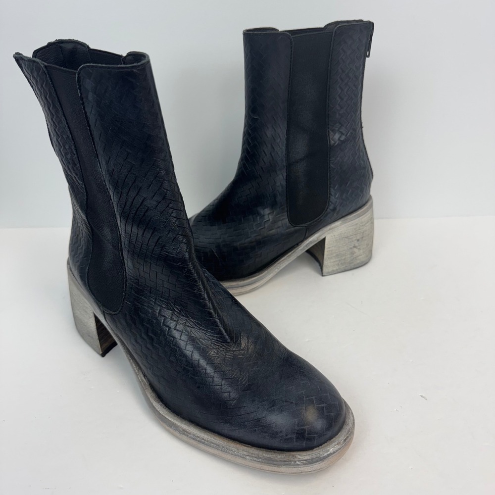 Free‎ People Brayden Woven Black Leather Ankle Boots Distressed Block Heel 6.5